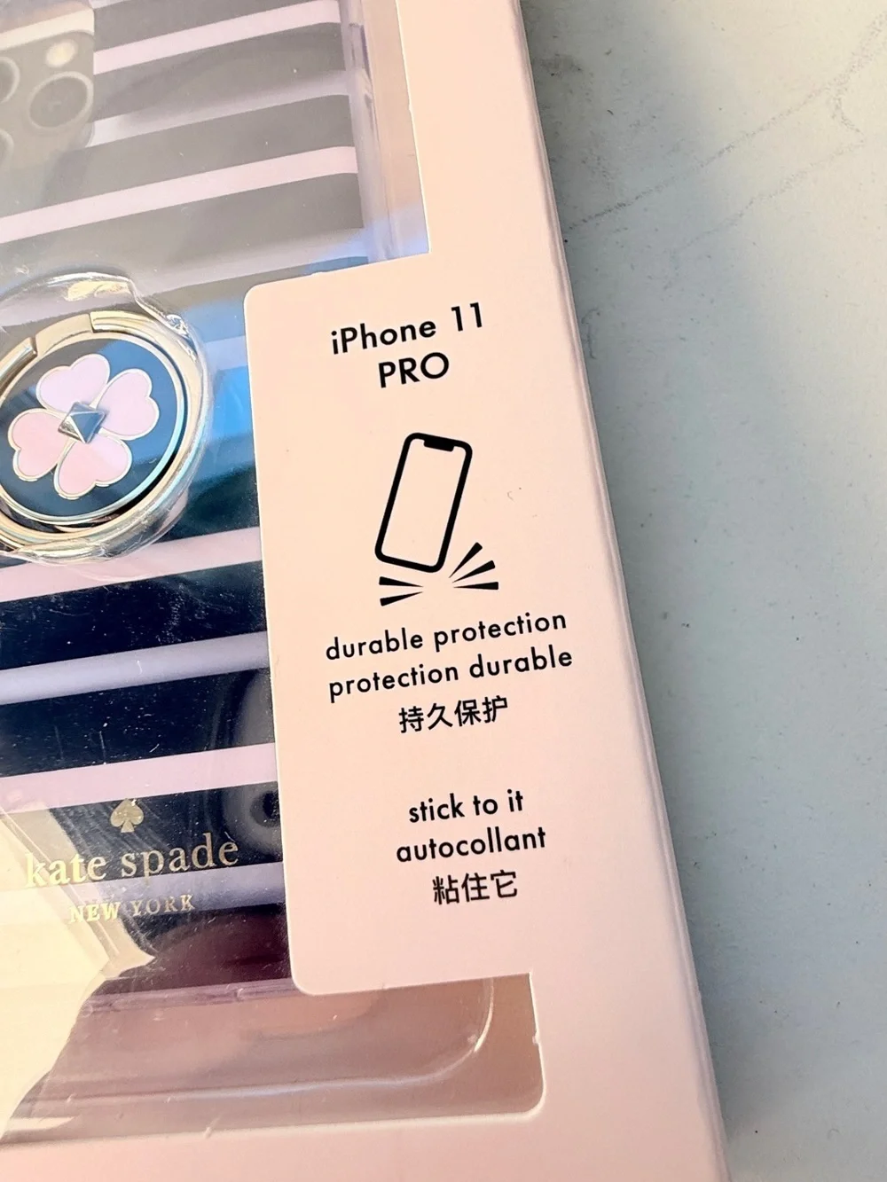 kate spade Navy & White Striped iPhone 11 Pro Case with Pink Flower Ring Stand